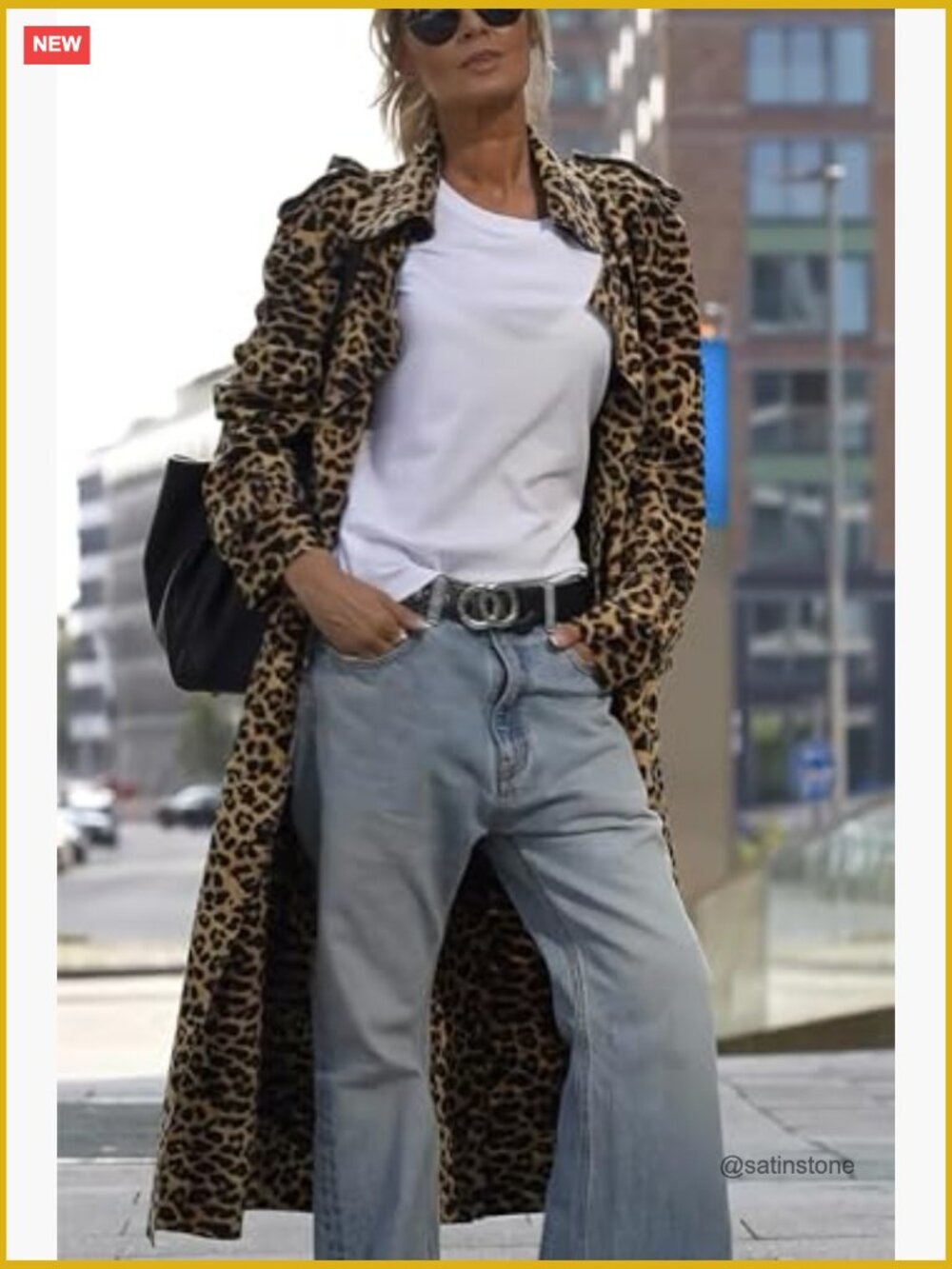 Faux Suede Notch Lapel Leopard Print Duster Trench Coat Loose Pea Coat - Picture 6 of 7